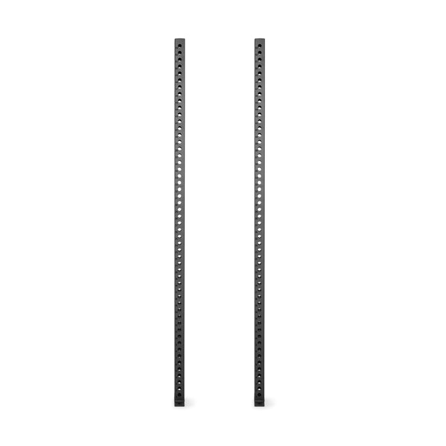 Two black metal vertical bars with evenly spaced holes stand parallel on a white background—perfect as Bells of Steel Manticore Vertical Uprights for use with 3x3 rack attachments.