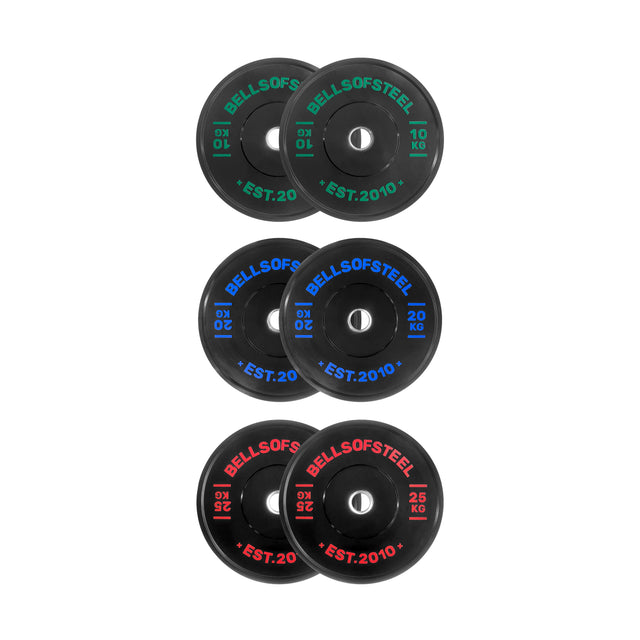 Six black Bells of Steel Dead Bounce Conflict Bumper Plate pairs—green 10kg, blue 20kg, red 25kg—each with a center hole and dead bounce for safer lifts.