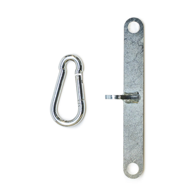 The Bells of Steel 2 to 1 Cable Attachment Adapter is shown, featuring a metal carabiner and a flat latch plate with two holes and a hook—perfect for your weight stack cable tower setup.