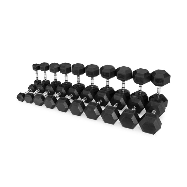 A row of Bells of Steel Ergo Rubber Hex Dumbbell Sets in varying sizes is arranged in descending order from back to front on a white background.