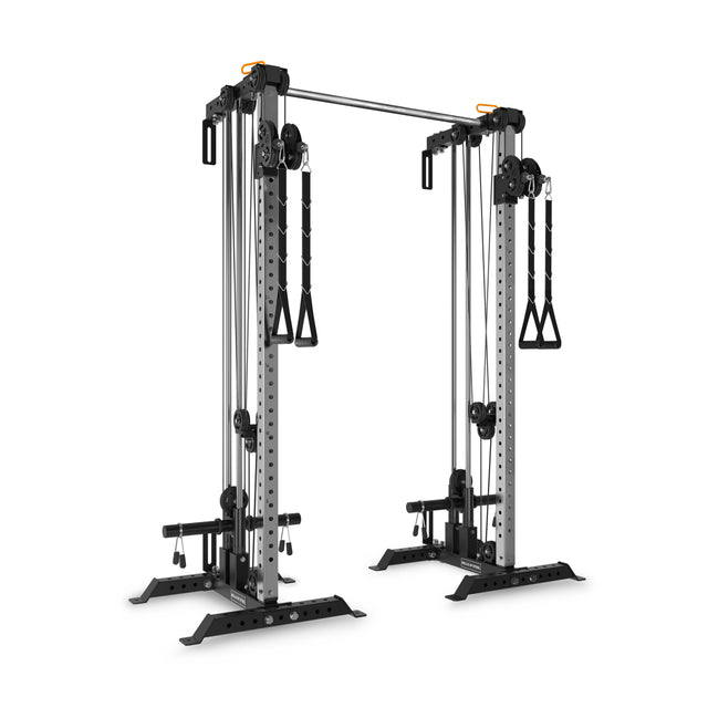 The Bells of Steel Cable Tower Squat Stands feature dual adjustable pulleys, multiple handles, and weight stacks—ideal for strength training and resistance exercises in any gym or home gym.