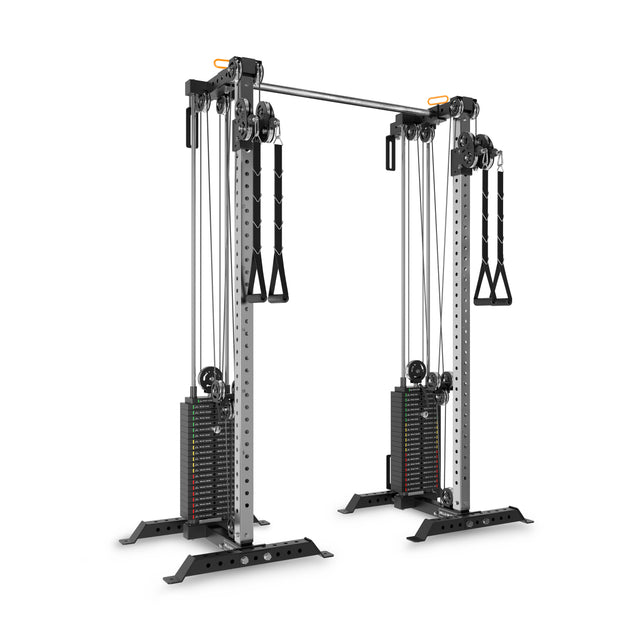 The Bells of Steel Cable Tower Squat Stands feature dual adjustable pulleys, weight stacks, handles, and a pull-up bar—ideal for diverse strength training in gyms or home gyms.