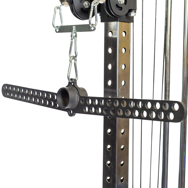 The Bells of Steel 30 D-Handle Bar Cable Attachment, complete with carabiners, hangs from a steel frame with multiple holes and pulleys, offering versatile workout options.