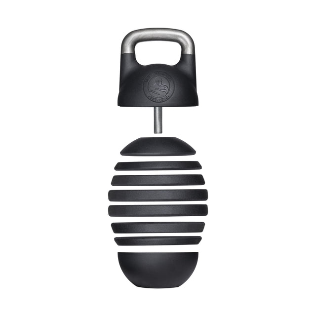 The Bells of Steel Adjustable Competition Kettlebell is black, segmented with a contoured grip handle, featuring horizontal grooves on the body and an iron central rod. The detachable iron weight plates have a logo etched on them.