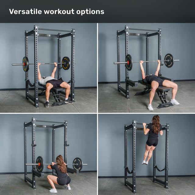 Four photos show a woman performing bench press, overhead press, barbell squat, and pull-up exercises in her home gym using the Bells of Steel Manticore Four Post Power Rack - Prebuilt (3" x 3", 1" Holes). Text at the top reads, “Versatile workout options.”.
