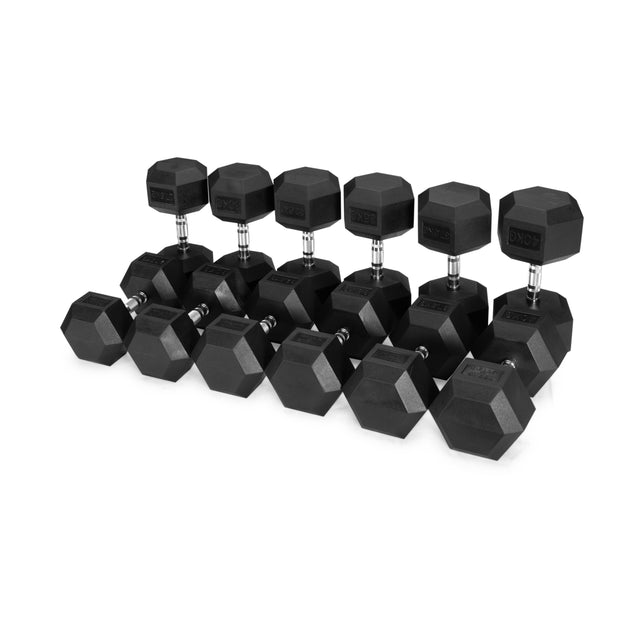 A set of Bells of Steel Ergo Rubber Hex Dumbbell Sets, black commercial-grade weights arranged in rows on a white background, with each pair increasing in size from front to back.