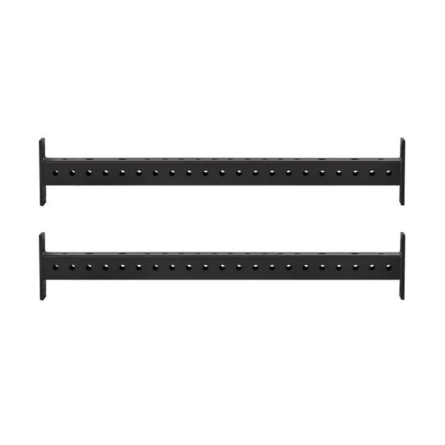 Two black Hydra Crossmembers by Bells of Steel, featuring evenly spaced holes, are shown parallel on a white background. Perfect for adding attachments to your power rack.