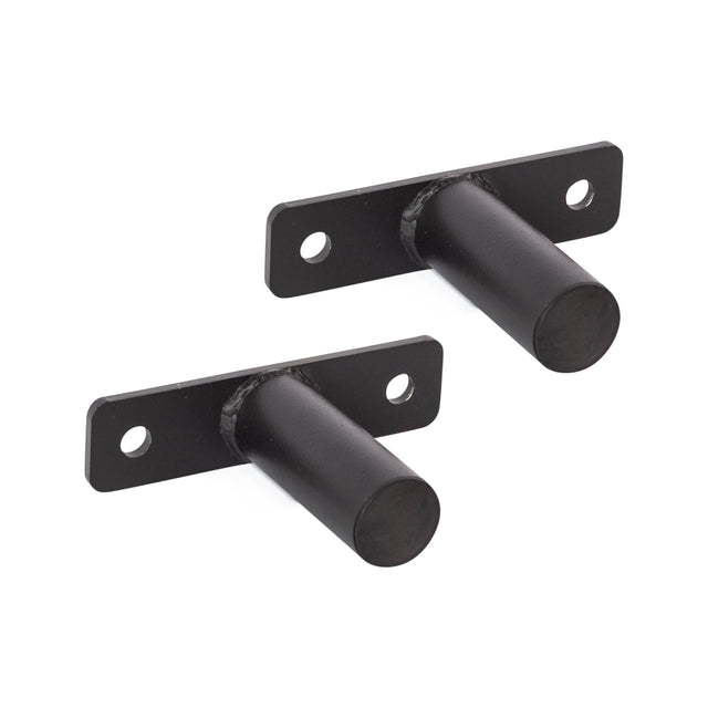 Bells of Steel Bolt-On Plate Pegs: pair of black metal wall brackets with cylindrical rack-mountable pegs for organizing Olympic weight plates; each has two mounting holes on a rectangular base.