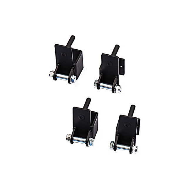 Four black metal Safety Strap Connectors by Bells of Steel with pivoting pins and bolts, evenly spaced on a white background. These hardware components are designed for mounting or assembly on a power rack or similar equipment.