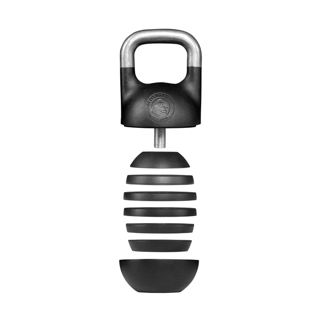 A black and silver metal 6-12KG Adjustable Kettlebell from Bells of Steel, featuring a rounded handle reminiscent of competition-style kettlebells favored by Mark Wildman, incorporates a threaded rod and a segmented, oval-shaped body with horizontal grooves that ends in a cup-shaped baseâhighlighting its innovative adjustable design.