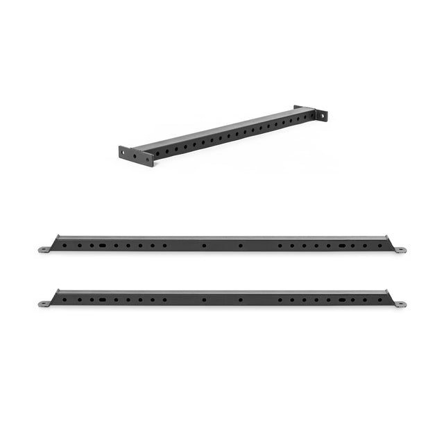 Bells of Steel Hydra Flat Foot Components, black metal beams with multiple holes for Hydra power racks, are displayed in three views—one angled on top and two straight-on below—against a plain white background.