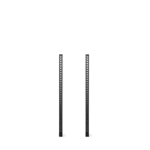 Two upright black metal poles with evenly spaced holes stand parallel against a white background—ideal as Bells of Steel Manticore Vertical Uprights for compatible 3x3 rack attachments.