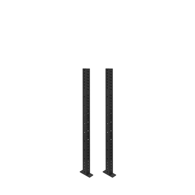 Two black Bells of Steel Hydra Vertical Uprights, each 3x3 with evenly spaced holes, stand side by side on flat bases against a white background—perfect for adding power rack attachments.