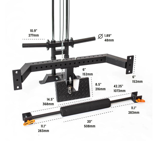 A photo of the Bells of Steel Lat Pulldown & Low Row Rack Attachment - Hydra & Manticore, showing black metal bars, grips, an Olympic weight plate, and labeled dimensions (inches/mm) for cable exercises.