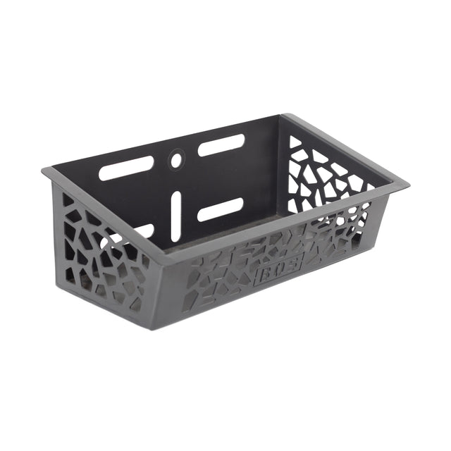 The Bells of Steel Rack Attached Storage Basket is a rectangular black plastic organizer with geometric cutouts, solid back, and two keyhole slots for easy wall mounting or rack attachment—perfect for gym storage.