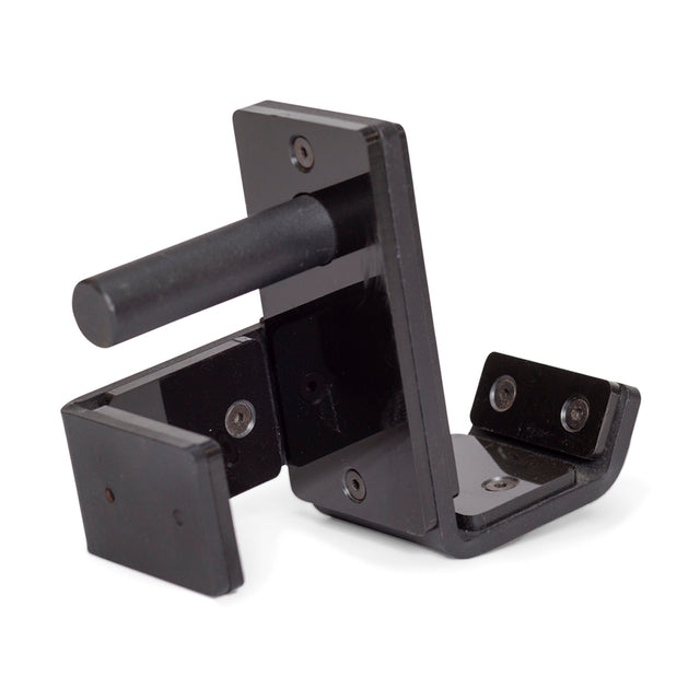 The Bells of Steel Standard J-Cups, shown isolated on a white background, feature black metal construction with padded UHMW-protected arms, much like a wall-mounted guitar hanger that supports the neck securely.