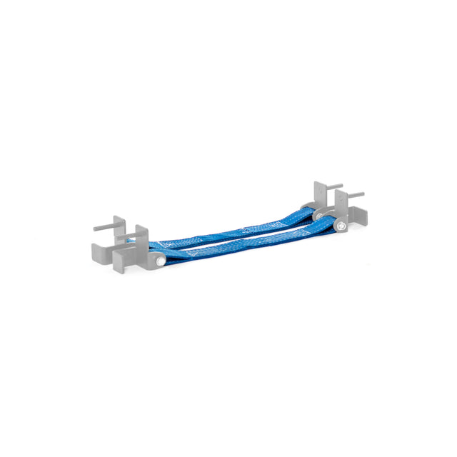 The Bells of Steel Safety Straps for Hydra & Manticore Racks are blue woven straps with gray plastic brackets and connectors at each end, shown on a white background, designed for secure fastening and added safety in power racks.