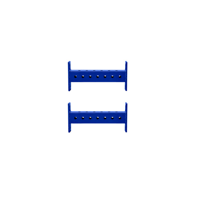 Two blue Hydra Crossmembers by Bells of Steel, each rectangular with six evenly spaced holes, are aligned horizontally and parallel to each other on a white background.