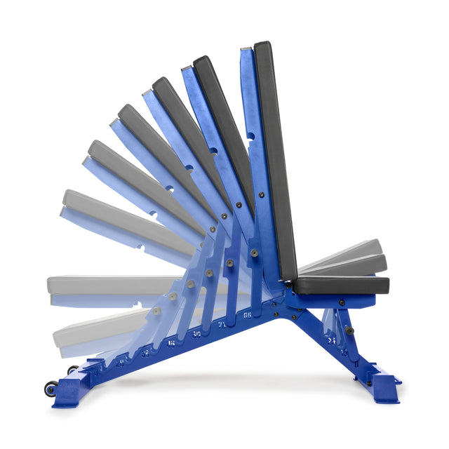 The Buzz-Saw Heavy-Duty Adjustable Bench by Bells of Steel offers versatility with multiple angles from flat to upright in sleek blue and gray, ensuring durability with its metal frame, while built-in wheels provide easy mobility and space-efficient storage.