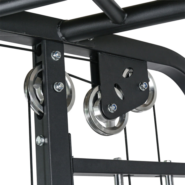 Close-up of the Bells of Steel Functional Trainer - Weight Stack showing its black metal frame, two silver pulleys, and cables secured with bolts—ideal for versatile exercise routines.