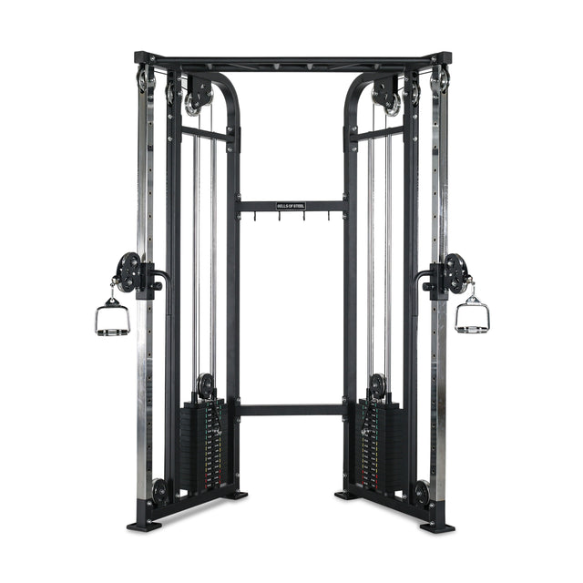 The Bells of Steel Functional Trainer - Weight Stack is a black dual adjustable pulley machine with two adjustable arms and handles, ideal for versatile cable exercises and strength training routines.