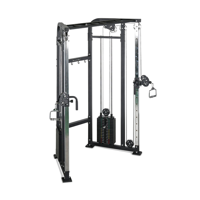 The Bells of Steel Functional Trainer - Weight Stack features adjustable pulleys, dual handles per side, a multi-grip pull-up bar, and weight stacks—perfect for versatile strength training and a variety of cable exercises in any gym.