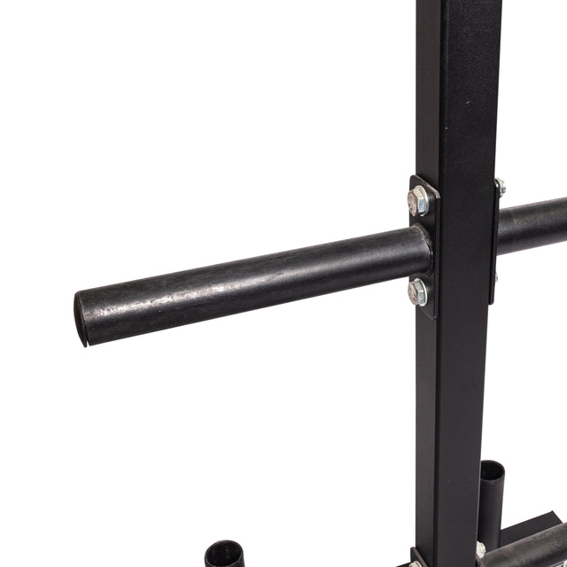 Close-up of the Bells of Steel Bumper Plate Weight Tree and Bar Holder, a black metal rack featuring horizontal bar storage, sturdy vertical supports with bolts, and integrated weight plate holders for an organized gym setup.