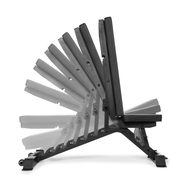 The Buzz-Saw Heavy-Duty Adjustable Bench by Bells of Steel features a sturdy black frame and padding, offering versatility for various exercises. It easily transitions from flat to incline, making it an essential piece of gym equipment for any fitness routine.