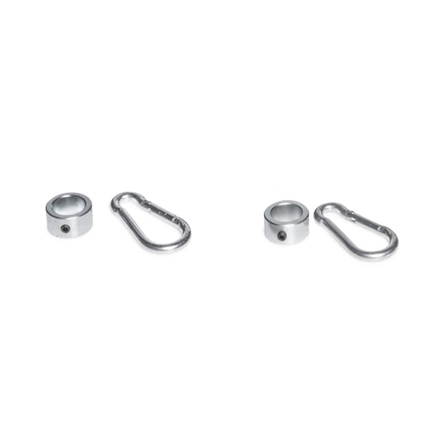 Two sets of Bells of Steel Band Pegs with Carabiners are displayed on a white background. Each set includes a round metal collar with screw and a carabiner, perfect for attaching resistance training band pegs to your power rack.