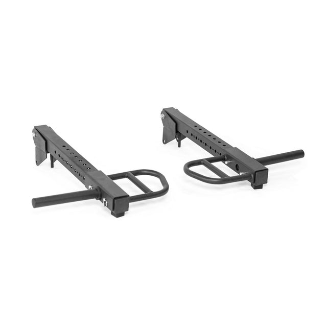 The Bells of Steel Lever Arms Rack Attachment is a pair of black, adjustable steel arms for your squat or power rack, featuring multiple height settings—ideal for workouts with Olympic weight plates.