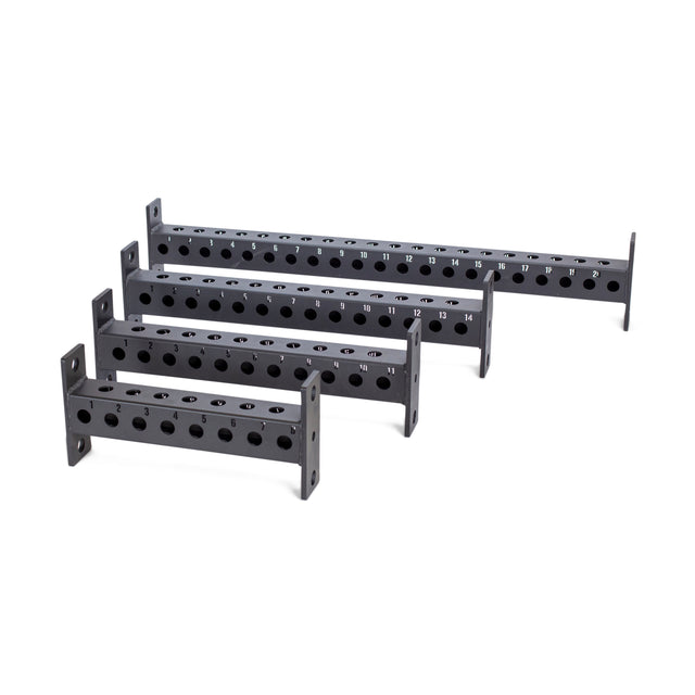 Four Bells of Steel Manticore Crossmembers, black metal brackets with numbered circular holes, are arranged by length on a white background—ideal for attaching crossmembers to power rack uprights.