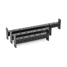 Three Bells of Steel Hydra Crossmembers—black metal power rack extensions with evenly spaced circular holes and rectangular mounting plates—are displayed side by side on a white background.