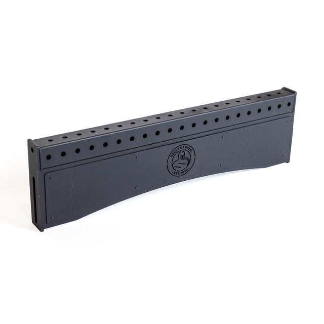 The Logo Plate Crossmember by Bells of Steel is a black rectangular plastic block with evenly spaced top holes and a central dog logo on the side panel.