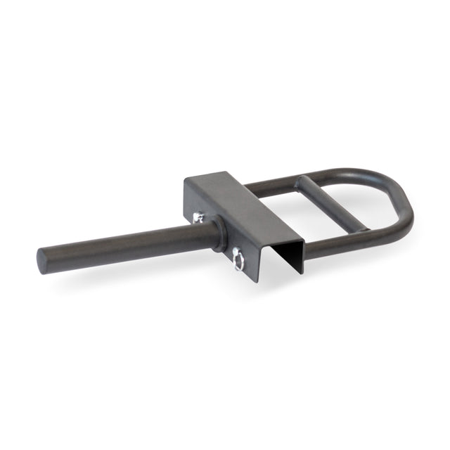 The Bells of Steel Lever Arms Rack Attachment features a cylindrical rotating sleeve, U-shaped handle, and rectangular bracket for secure mounting to Olympic weight plates or a base.