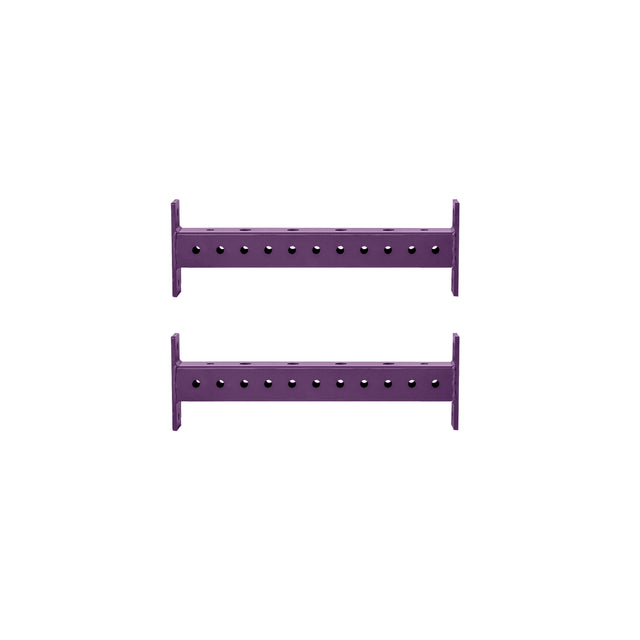 Two horizontal Hydra Crossmembers by Bells of Steel, made of purple metal with evenly spaced holes, are positioned parallel to each other on a white background.