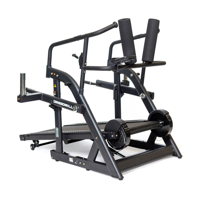 The Bells of Steel Dreadmill is a black, robust sled push exercise machine with padded handles and a rolling belt for resistance training. It features a magnetic resistance lever for intense workouts and fitness conditioning, delivering the ultimate Dreadmill experience.