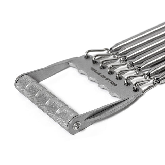 Close-up of Bells of Steel's Chest Expander with adjustable tension springs, ideal for muscle building. It features a textured metal handle and metallic hooks connecting the springs to the handle, perfect for hand exercises and strengthening.