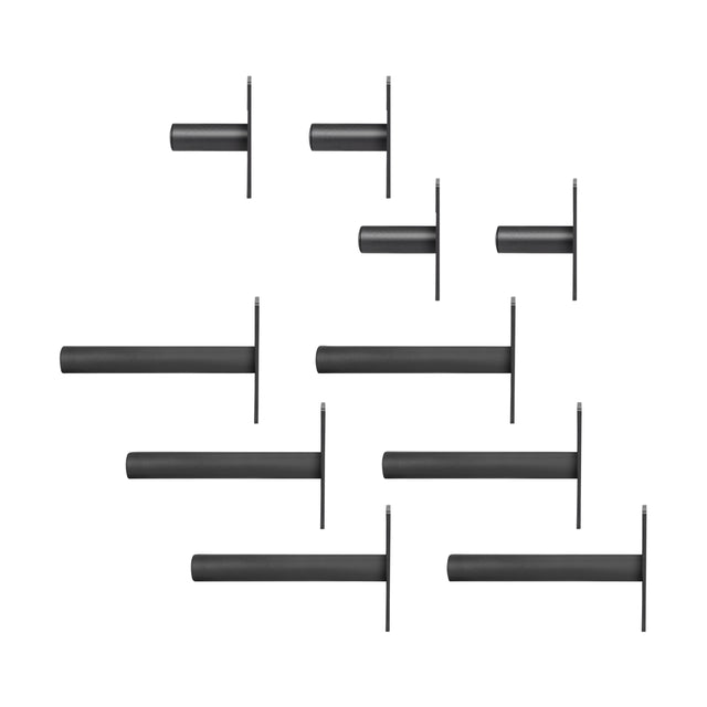 Ten Bells of Steel Bolt-On Plate Peg Sets of different lengths are displayed in two uneven rows on a white background, each peg set oriented horizontally with the mounting plate on the left, resembling power rack weight storage pegs.