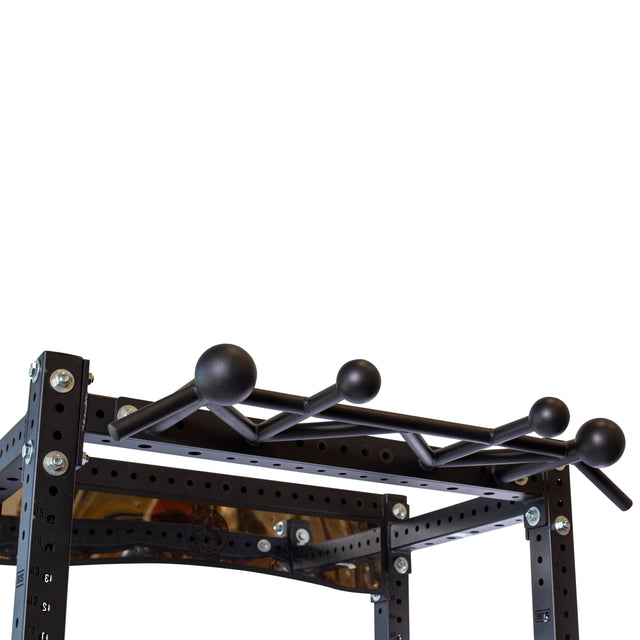 A close-up of the Bells of Steel Globe Pull Up Bar, a black multi-grip attachment with spherical grips, mounted on a power rack against a white background—ideal for advanced strength training.
