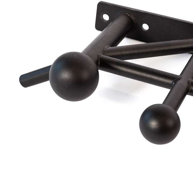 Close-up of the Globe Pull Up Bar by Bells of Steel, featuring sturdy steel construction with two rounded ends, a cylindrical peg, and a mounting plate with screw holes, shown isolated on a white background.