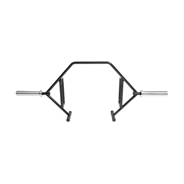 The Bells of Steel Open Trap Bar / Hex Bar is a black weightlifting bar with rotating silver sleeves, displayed on a white background.