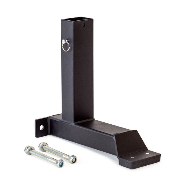 The Bells of Steel Bench Attachments hitch receiver adapter is a black metal piece with a vertical square tube and mounting plate, shown with two silver bolts and nuts on white. Ideal for adding leg extension or curl attachments to your bench.