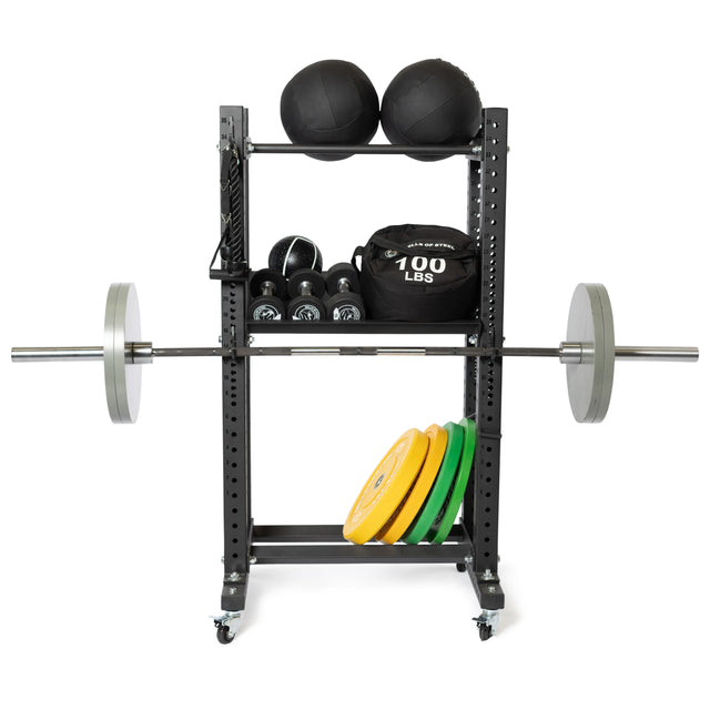 The Bells of Steel Utility Hook provides gym storage for kettlebells, a barbell with weight plates, a 100-pound sandbag, two medicine balls, a wall ball, and several colored weight plates stacked at the side.