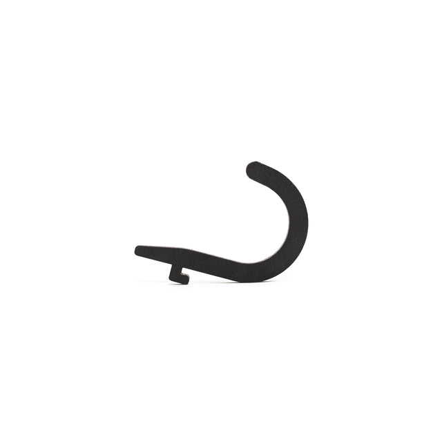 The Bells of Steel Utility Hook, made of black plastic with a curved top and short straight extension, is ideal for gym storage and is shown against a white background.