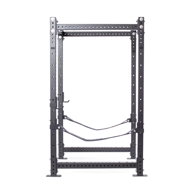 The Bells of Steel Hydra Four Post Power Rack - Prebuilt (3" x 3", ⅝" holes) is a black steel weightlifting rack with multiple adjustment holes and two lower safety straps, perfect for any home gym, displayed on a white background.