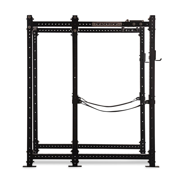 The Bells of Steel Hydra Six Post Power Rack - Prebuilt (3" x 3", ⅝" holes) features a black metal frame with adjustable attachments, pull-up bar, safety straps, and weight plate storage—ideal for strength training in your home gym.