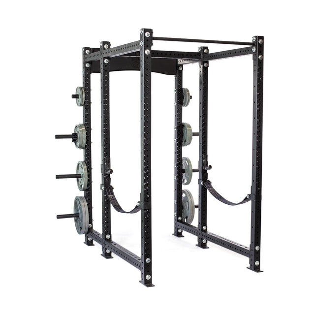 The Bells of Steel Hydra Six Post Power Rack - Prebuilt (3" x 3", ⅝" Holes) is a black metal rack with multiple adjustable holes and weight plate storage, perfect for home gym strength training and weightlifting.