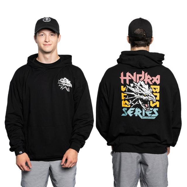 A man wears a black Bells of Steel Bamboo Hoodie and black cap, shown front and back. The hoodie features a white dragon on the chest and a large, colorful “Hydra Bass Series” graphic on the back.