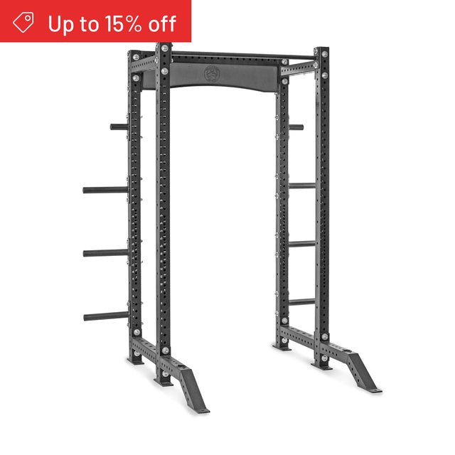 The Bells of Steel Hydra Collegiate Power Rack Builder (3" x 3", ⅝" holes) is shown in black on a white background. A red banner in the top left reads "Up to 15% off." Ideal for modular home gym setups.