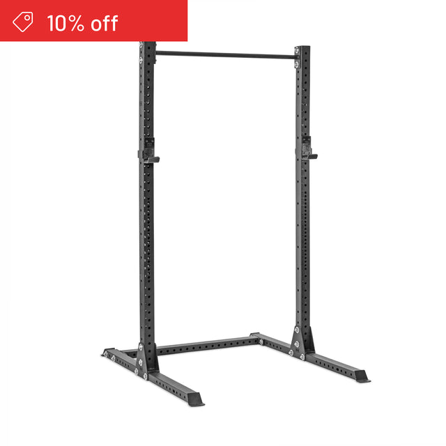 The Bells of Steel Hydra Squat Stand Builder (3" x 3", ⅝" holes) in black metal features adjustable bar supports and is ideal for any home gym. A red "10% off" banner with a tag icon appears in the top left corner.